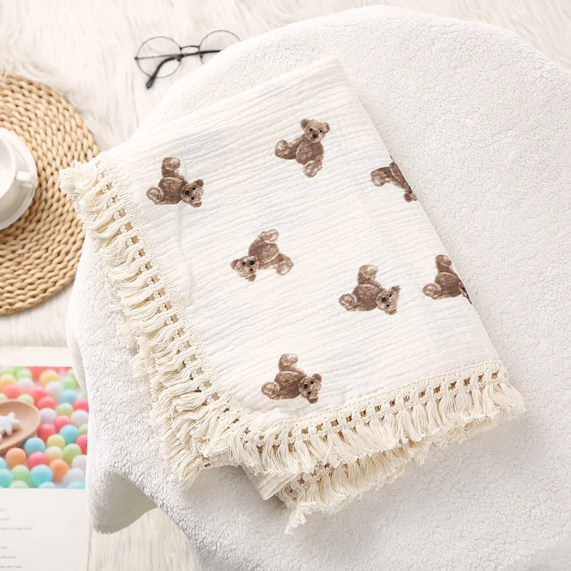 Cute Bear Muslin Squares Cotton Baby Blanket: Plaid Infant Swaddle Blanket