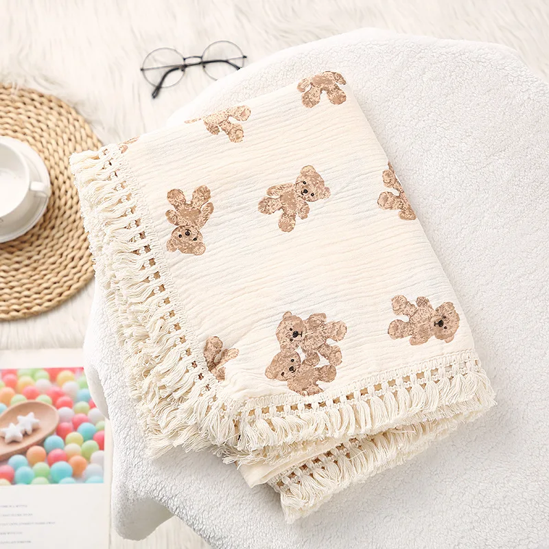 Cute Bear Muslin Squares Cotton Baby Blanket: Plaid Infant Swaddle Blanket