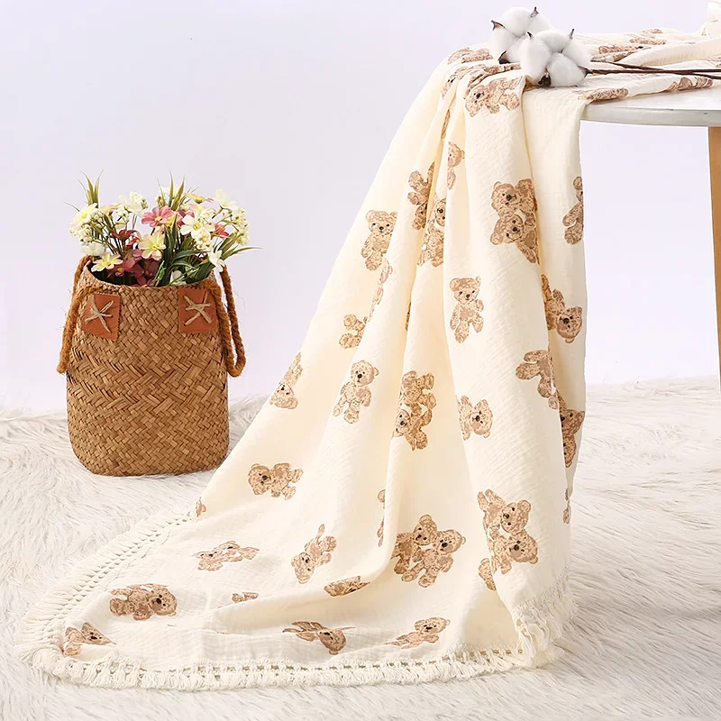 Cute Bear Muslin Squares Cotton Baby Blanket: Plaid Infant Swaddle Blanket