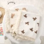 Cute Bear Muslin Squares Cotton Baby Blanket: Plaid Infant Swaddle Blanket