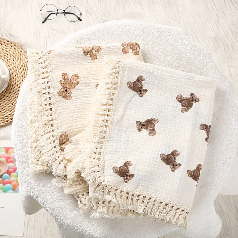 Cute Bear Muslin Squares Cotton Baby Blanket: Plaid Infant Swaddle Blanket