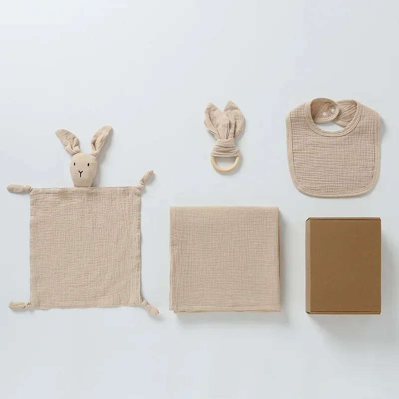 4-Piece Baby Care Gift Set: Cute Bunny Blankie, Bib, Teether Ring, and Muslin Blanket