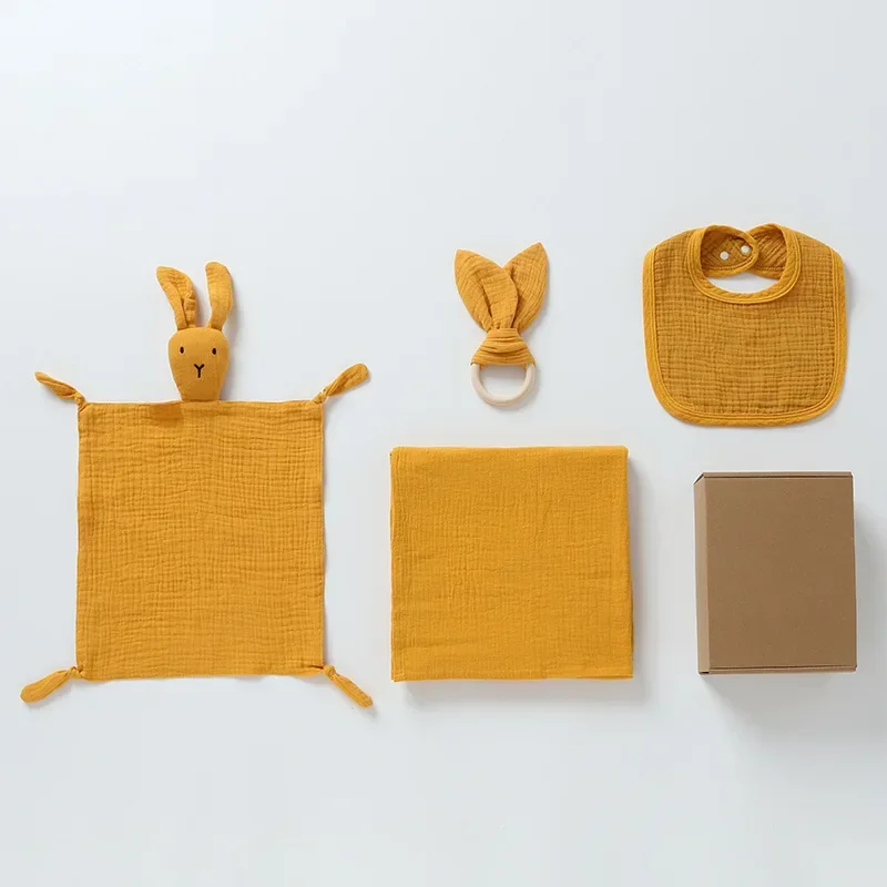 4-Piece Baby Care Gift Set: Cute Bunny Blankie, Bib, Teether Ring, and Muslin Blanket