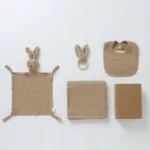 4-Piece Baby Care Gift Set: Cute Bunny Blankie, Bib, Teether Ring, and Muslin Blanket