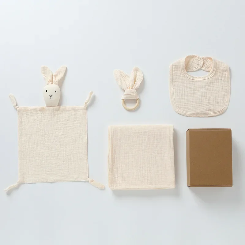 4-Piece Baby Care Gift Set: Cute Bunny Blankie, Bib, Teether Ring, and Muslin Blanket