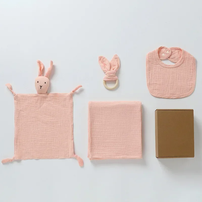 4-Piece Baby Care Gift Set: Cute Bunny Blankie, Bib, Teether Ring, and Muslin Blanket