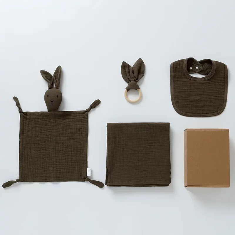 4-Piece Baby Care Gift Set: Cute Bunny Blankie, Bib, Teether Ring, and Muslin Blanket