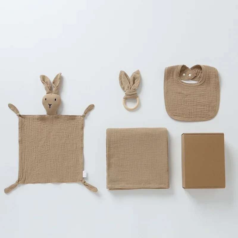 4-Piece Baby Care Gift Set: Cute Bunny Blankie, Bib, Teether Ring, and Muslin Blanket