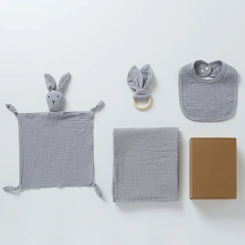 4-Piece Baby Care Gift Set: Cute Bunny Blankie, Bib, Teether Ring, and Muslin Blanket