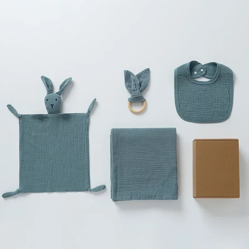 4-Piece Baby Care Gift Set: Cute Bunny Blankie, Bib, Teether Ring, and Muslin Blanket