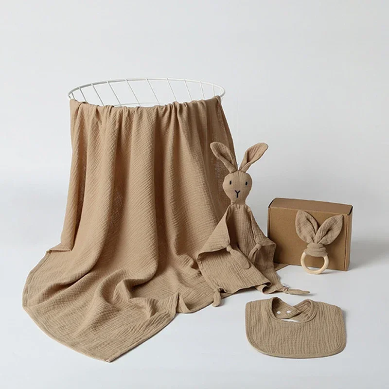 4-Piece Baby Care Gift Set: Cute Bunny Blankie, Bib, Teether Ring, and Muslin Blanket