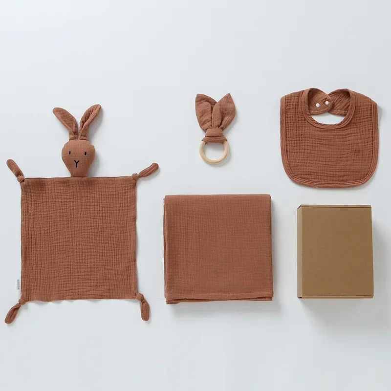 4-Piece Baby Care Gift Set: Cute Bunny Blankie, Bib, Teether Ring, and Muslin Blanket