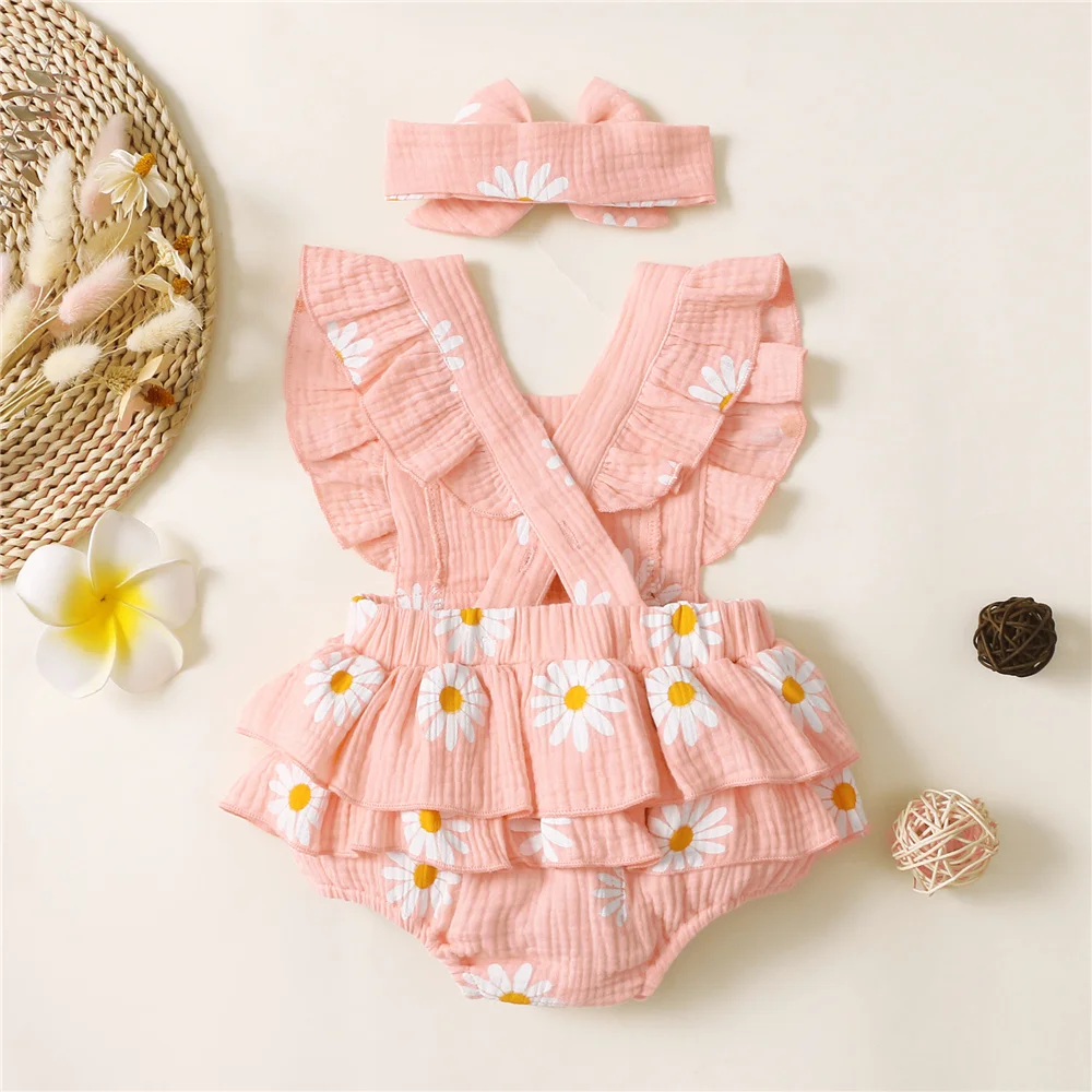 Infant Baby Girl Romper Clothes: Ruffle Sleeveless Newborn Bodysuit with Headband