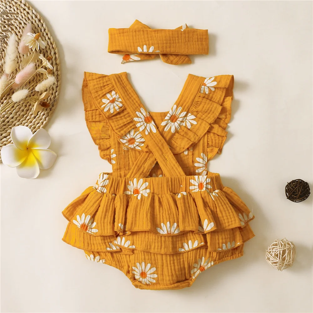 Infant Baby Girl Romper Clothes: Ruffle Sleeveless Newborn Bodysuit with Headband