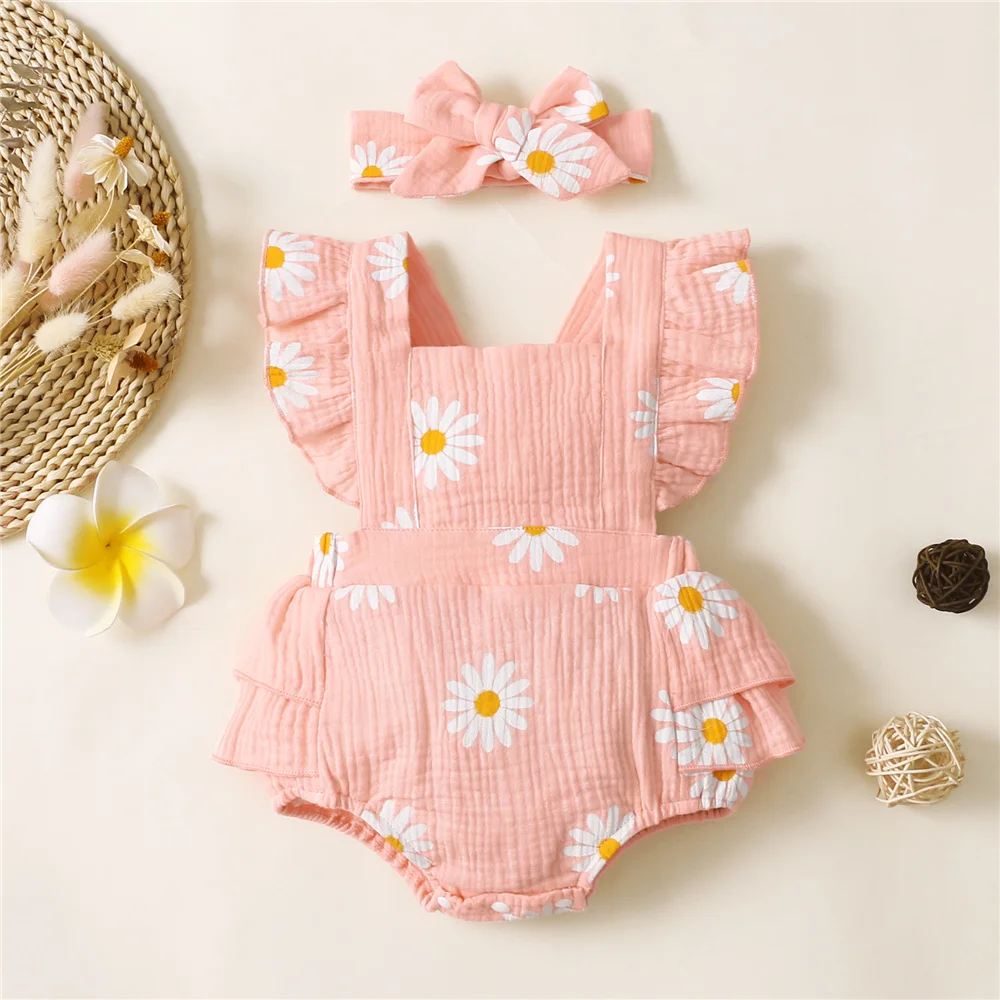 Infant Baby Girl Romper Clothes: Ruffle Sleeveless Newborn Bodysuit with Headband