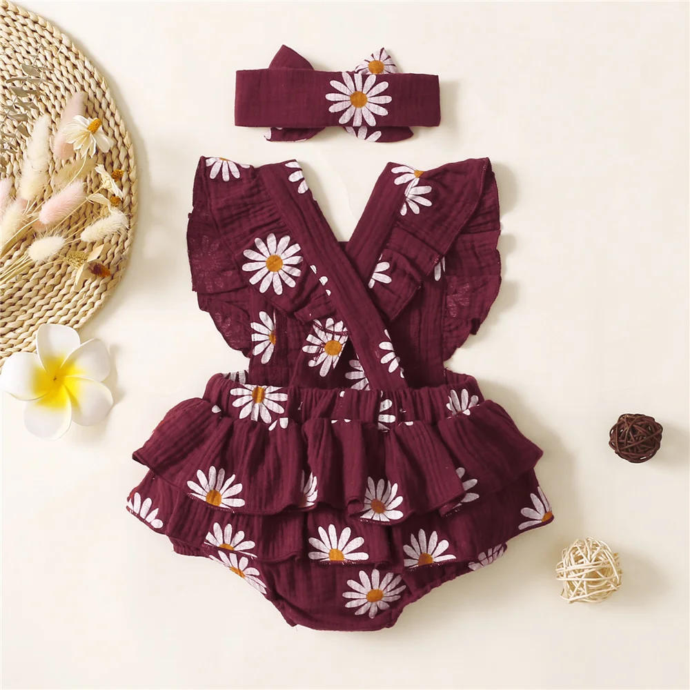 Infant Baby Girl Romper Clothes: Ruffle Sleeveless Newborn Bodysuit with Headband