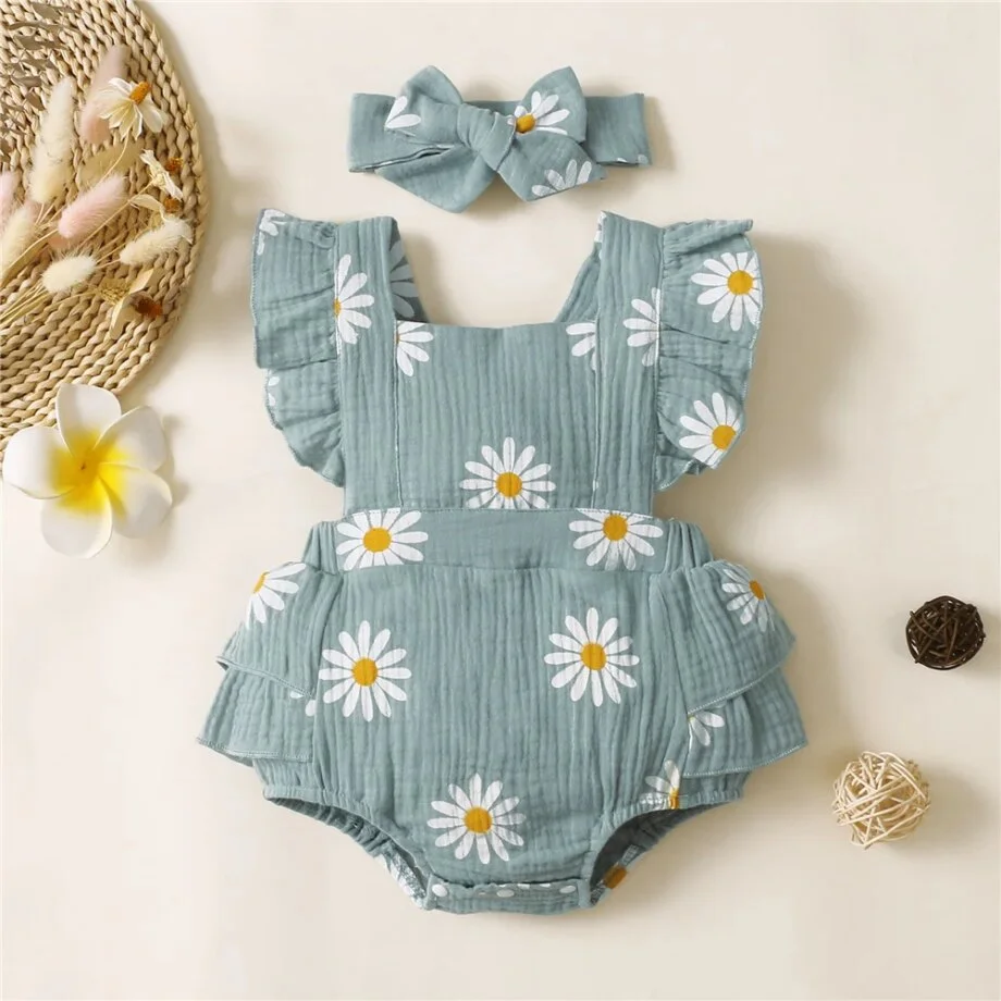 Infant Baby Girl Romper Clothes: Ruffle Sleeveless Newborn Bodysuit with Headband