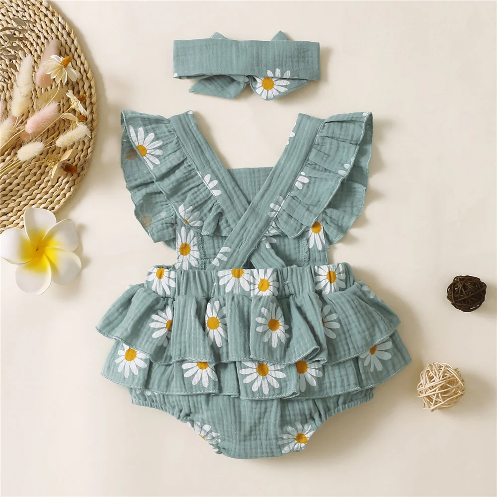 Infant Baby Girl Romper Clothes: Ruffle Sleeveless Newborn Bodysuit with Headband