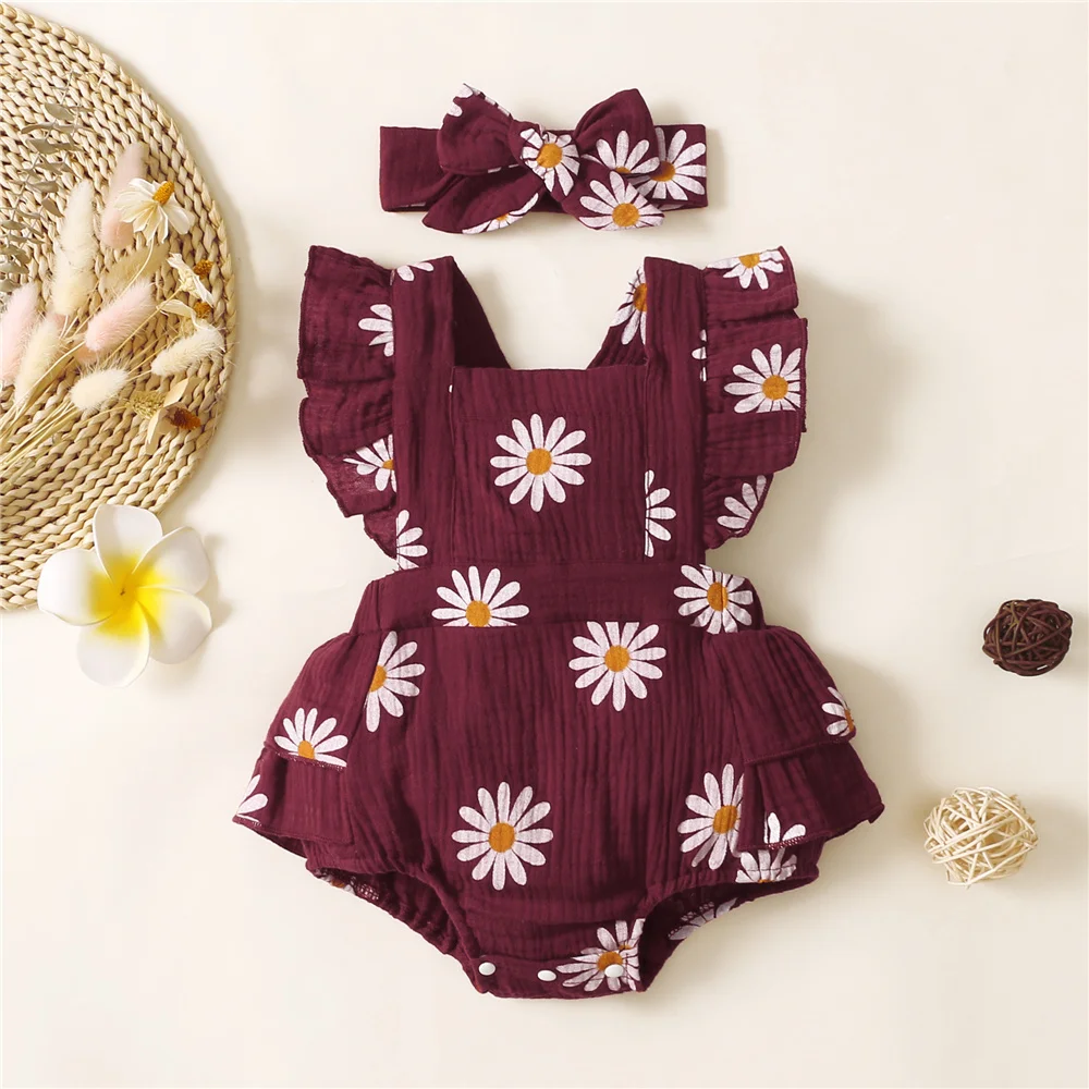 Infant Baby Girl Romper Clothes: Ruffle Sleeveless Newborn Bodysuit with Headband