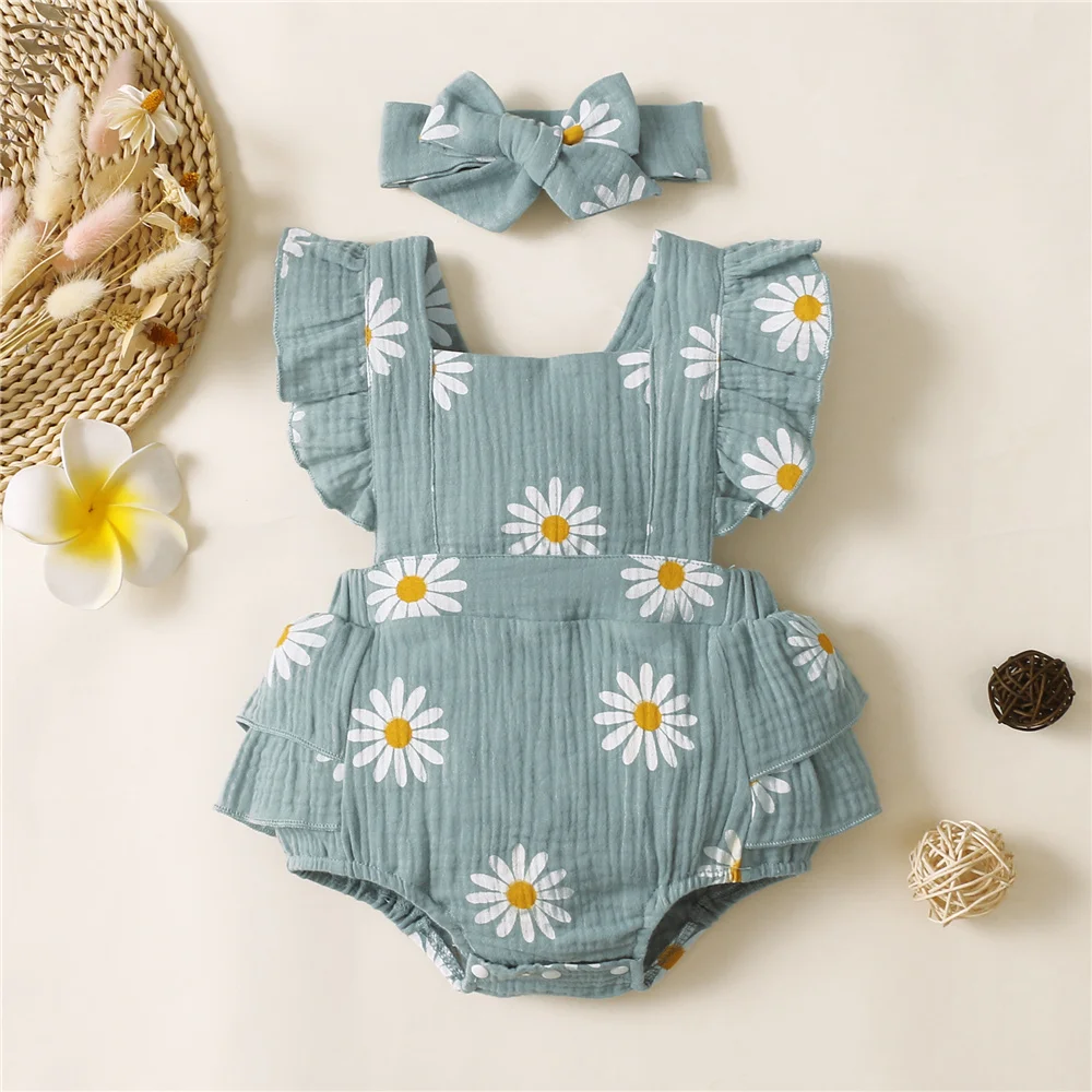 Infant Baby Girl Romper Clothes: Ruffle Sleeveless Newborn Bodysuit with Headband