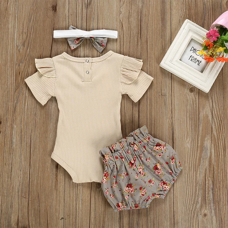 Summer Newborn Baby Girl Clothes Set: 3-Piece Ruffle Romper, Flower Shorts, and Headband