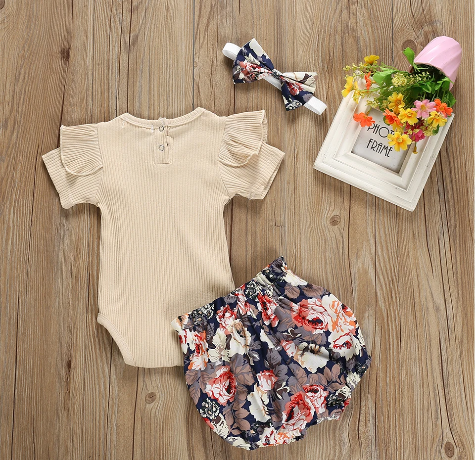 Summer Newborn Baby Girl Clothes Set: 3-Piece Ruffle Romper, Flower Shorts, and Headband