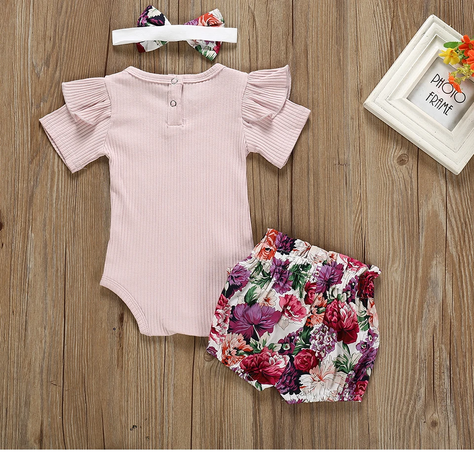 Summer Newborn Baby Girl Clothes Set: 3-Piece Ruffle Romper, Flower Shorts, and Headband