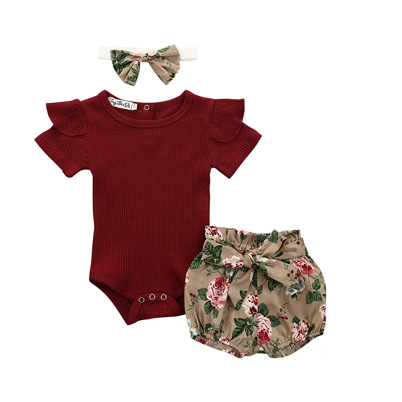 Summer Newborn Baby Girl Clothes Set: 3-Piece Ruffle Romper, Flower Shorts, and Headband