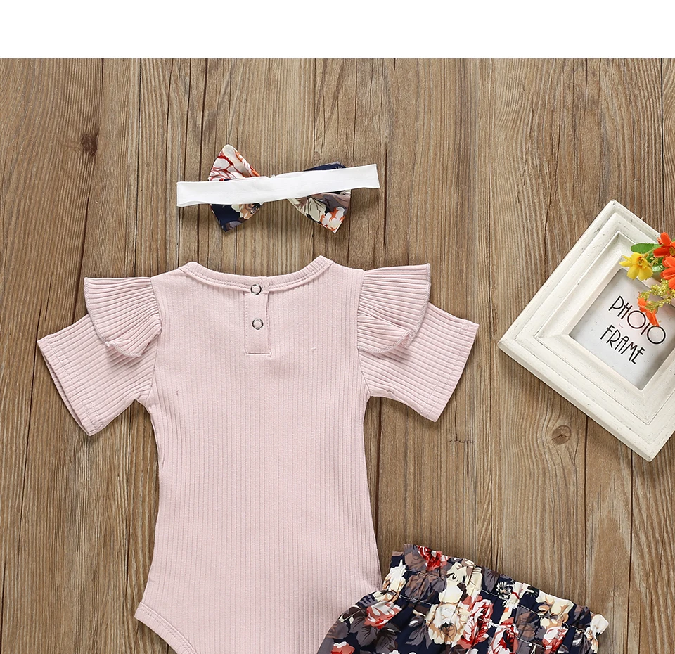 Summer Newborn Baby Girl Clothes Set: 3-Piece Ruffle Romper, Flower Shorts, and Headband