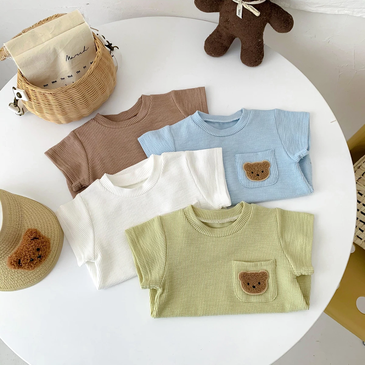 Summer Baby Clothes: Newborn Boy Romper with Bear Embroidery and Pockets