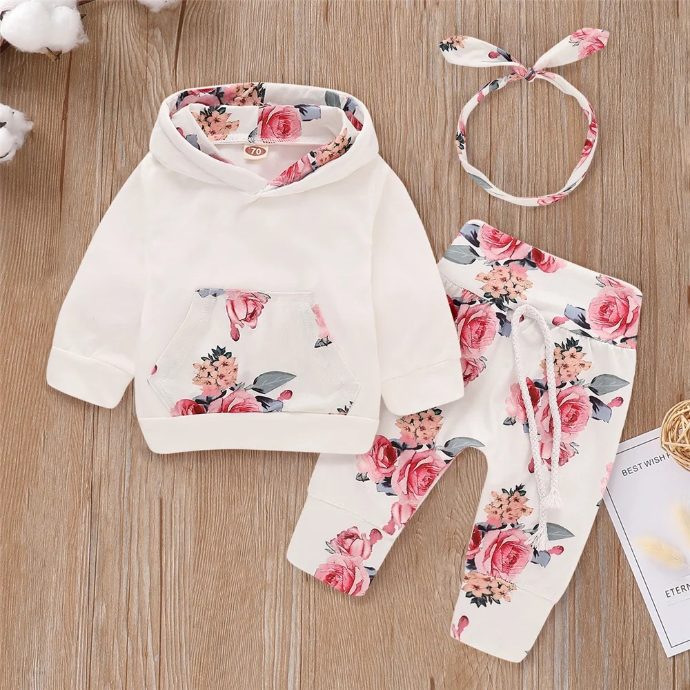 Newborn Baby Girl Floral Clothes Set: Hooded Printed Top, Pants, and Headband