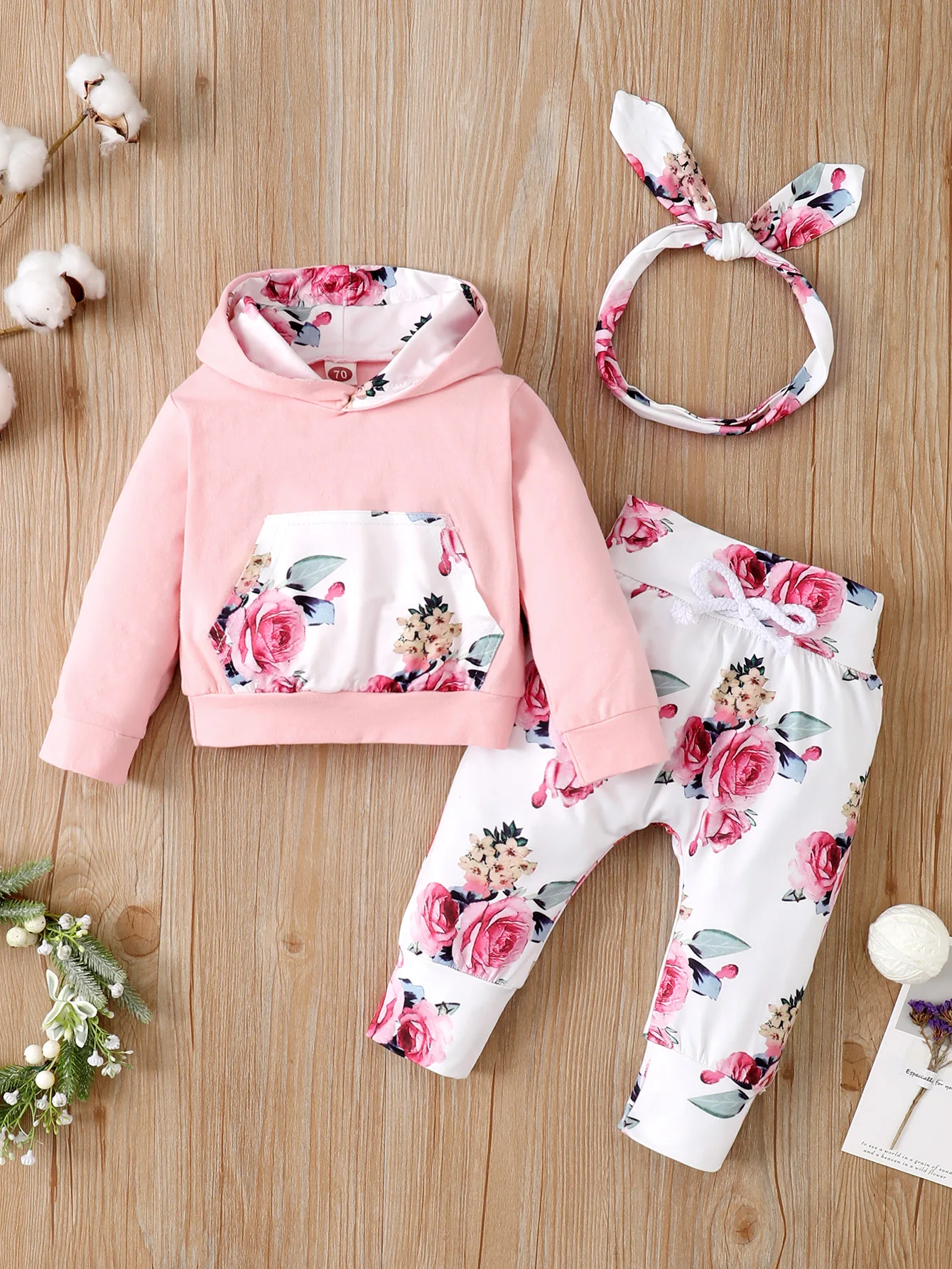 Newborn Baby Girl Floral Clothes Set: Hooded Printed Top, Pants, and Headband