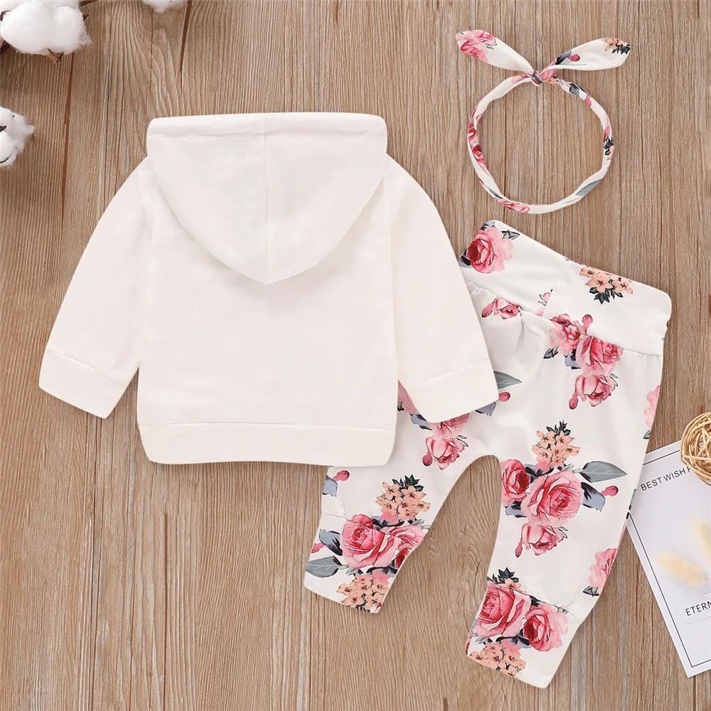 Newborn Baby Girl Floral Clothes Set: Hooded Printed Top, Pants, and Headband