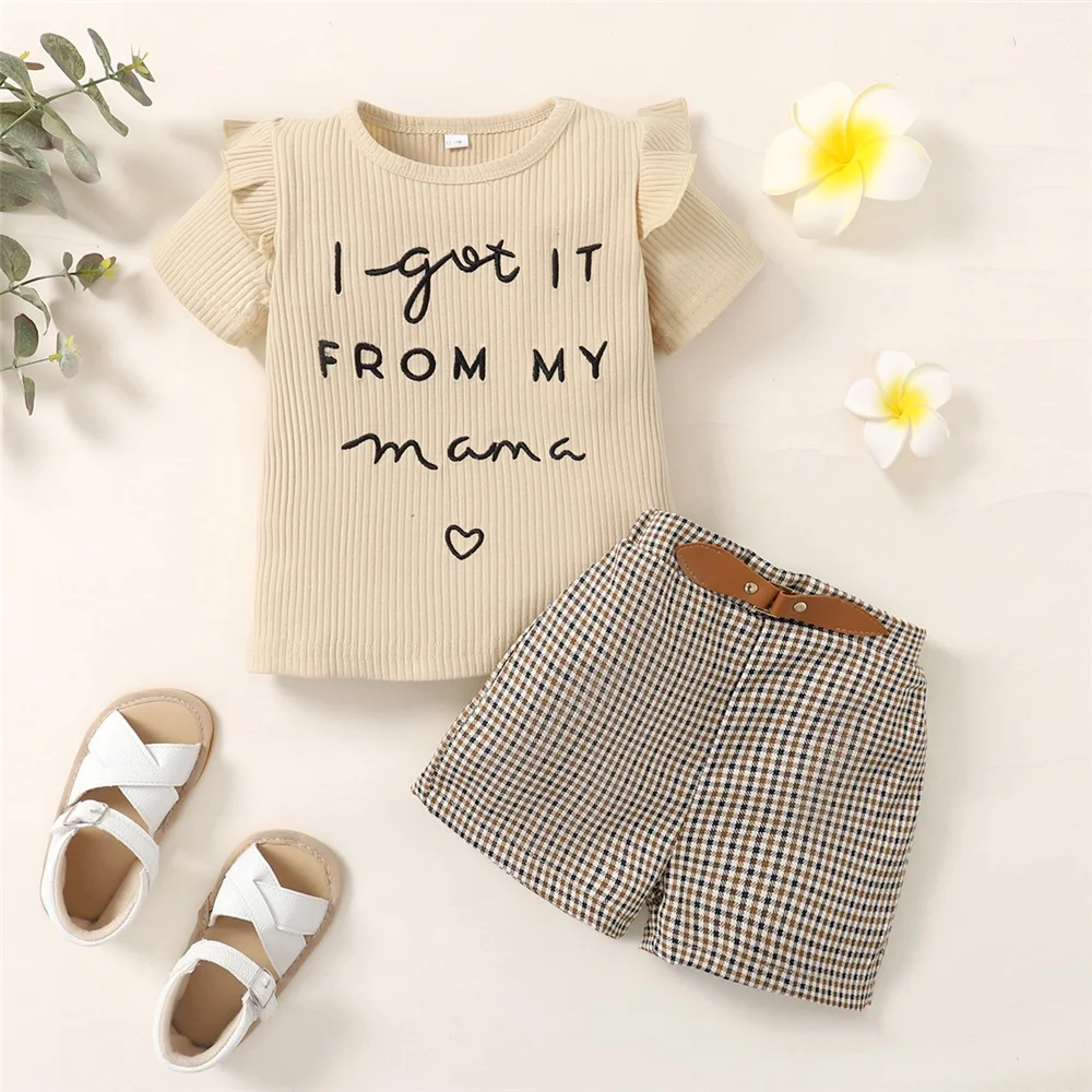 2PCS Toddler Baby Girl Clothes Set: Letter Print Short Sleeve Top and Checkered Shorts