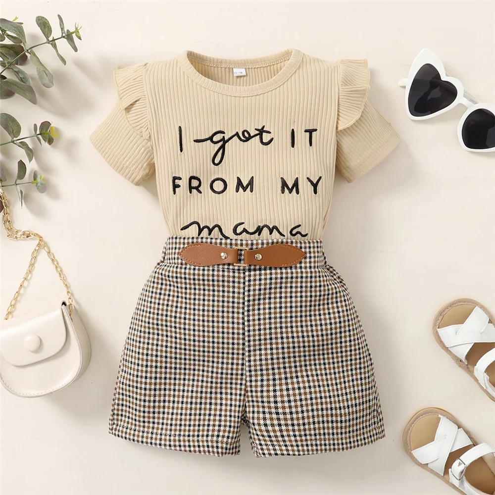 2PCS Toddler Baby Girl Clothes Set: Letter Print Short Sleeve Top and Checkered Shorts