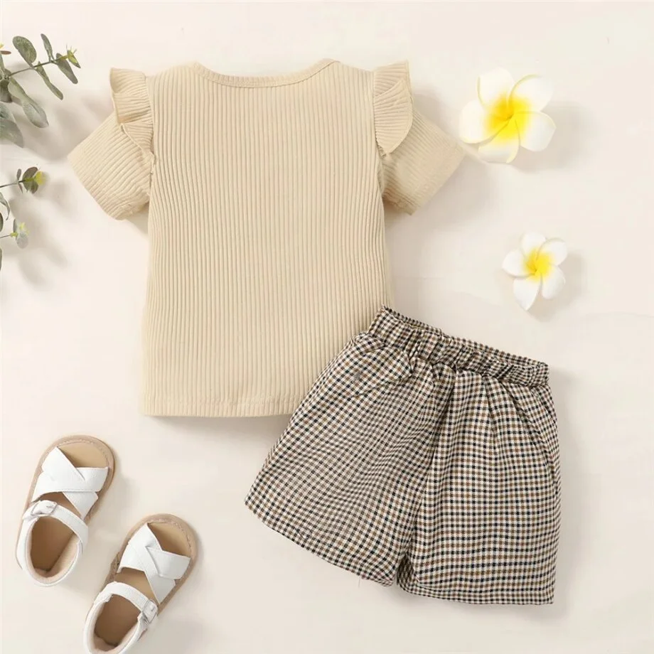2PCS Toddler Baby Girl Clothes Set: Letter Print Short Sleeve Top and Checkered Shorts